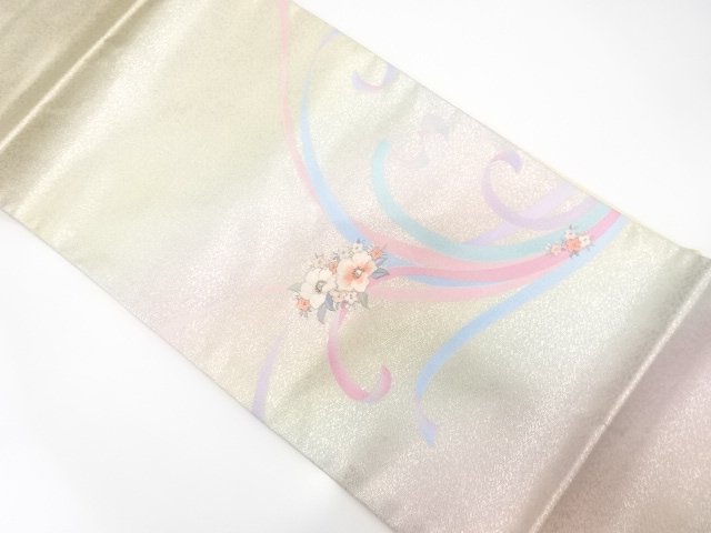 JAPANESE KIMONO / FLOWER PATTERN EMBROIDERY RIBBON NAGOYA OBI